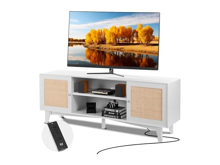 Rattan TV Stand for 75in TV, Boho TV Stand with