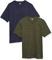 Amazon Essentials Men's Cotton Short-Sleeve V-Neck T-Shirts, Pack of 2, Navy/Olive/Stripe, Medium