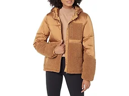 Amazon Essentials Women's Full-Zip Sherpa Fleece Hooded Puffer Jacket, Dark Camel, X-Small