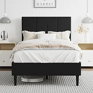 IOILORI Twin Size Bed Frame Platform with Velvet Upholstered Headboard, Sturdy Wooden Slats, No Spring Box, No Noise, Easy to Assemble, Light Grey Bedframe with Strong Wooden Slats, Black