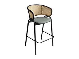 LeisureMod Ervilla Wicker Bar Stool with Fabric Seat and Black Steel Frame - Grey Leather