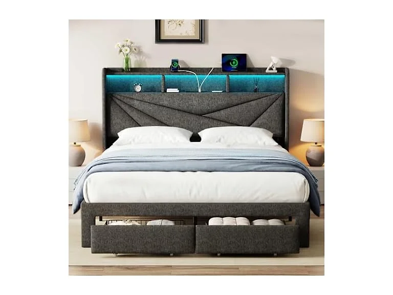 Blissivia Full Bed LED USB Drawers Grey