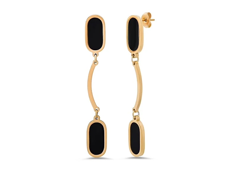 18K Gold Black Oval Drop Earrings