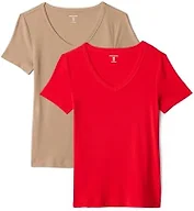 Amazon Essentials Women's 2-Pack Slim-Fit Short-Sleeve V-Neck T-Shirt, Bright Poppy Red/Tan, Small