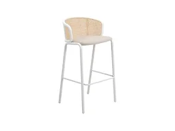 LeisureMod Ervilla Mid-Century Modern Wicker Bar Stool with Fabric Seat and White Powder Coated Steel Frame for Kitchen and Dining Room in Beige