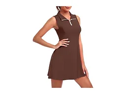 FKEEP Women's Golf Tennis Dress Athletic Workout Dress with Shorts and Pockets (Brown, S)