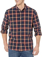 Amazon Essentials Men's Long-Sleeve Regular-Fit Stretch Poplin Shirt Shirt, -Navy/Red, Plaid, Small