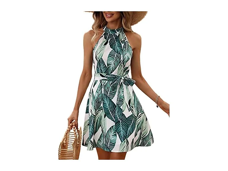 Wdirara Women Boho Tropical Halter Neck Line Dress