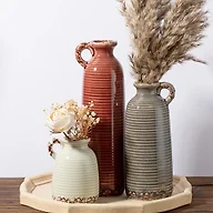 LIFESTYLO Ceramic Vase Set of 3 with Handles, Brown Neutral Rustic Modern Farmhouse Boho Decor, Versatile as Table Centerpiece or Mantel & Shelf Accent - Unique Home Gift Idea