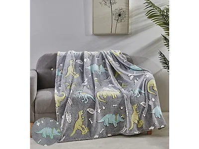 2Pk Glow In The Dark Throw Grey Dino Friends