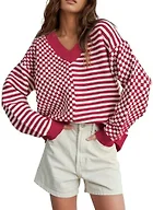 UNCLECAT Womens V Neck Striped Sweater - Red, Small