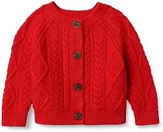 Amazon Essentials x Sofia Grainge Unisex Toddlers' Cable Knit Cotton Fisherman Cardigan Sweater, Red, 3T