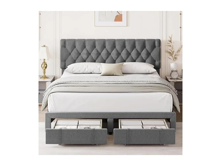 GAOMON Queen Bed w/ 2 Drawers, Tufted