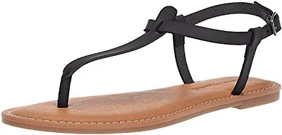 Amazon Essentials Women's Casual Thong Leather Sandal with Ankle Strap, Wide Width Available, Black, 12