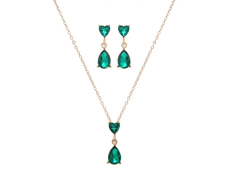 Emerald Heart Necklace & Earrings Set