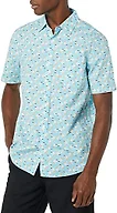 Amazon Essentials Men's Short Sleeve Button Down Shirt, Stretch Cotton, Blue Peach Plaid, Available in Big & Tall, Aqua, Pelican Print, Medium