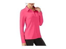 FKEEP Women Long Sleeve Polo Shirt Golf Sport Top Athletic Sportswear Tennis Activewear (Neon Pink, XS)