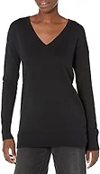 Amazon Essentials Women's Lightweight V-Neck Tunic Sweater, Long Sleeve, Ribbed (Available in Plus Size), Black, Large