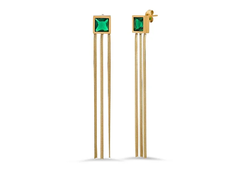 18K Gold Green Stone Drop Earrings