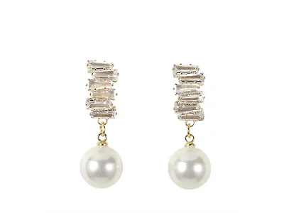 18K Gold Baguette CZ & Pearl Earrings