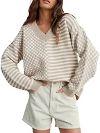 UNCLECAT Womens V Neck Striped Sweater - Beige, Large
