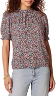 Amazon Essentials Women's Fluid Twill Short Puff Sleeve Ruffle Smock Detail Blouse, Navy Multi Ditsy Meadow, Large