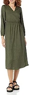 Amazon Essentials Women's Lightweight Georgette Long Sleeve V-Neck Wrap Midi Dress, Fit and Flare, Dark Olive, Abstract Animal, Small