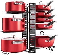 MUDEELA 8-Tier Pots and Pans Organizer under Cabinet, 16.61" Height Light Duty Pot and Pan Organizer Kitchen Cabinet Organization and Storage, Adjustable Pot Rack with 3 DIY Methods for Lids, Bakeware
