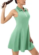 FKEEP Women's Tennis Golf Dress Sport Activewear Workout Athletic Zipper V-Neck with Shorts and Pocket (Mint Green, M)