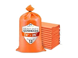 Heavy Duty Sand Bags Pack of 12, Bright Orange Empty Sandbags with Built-In Ties, Woven Polypropylene UV Protection 1600 Hours, Fillable Bags for Flood Control, Weight, 14x26 inches, 50 Pounds Volume