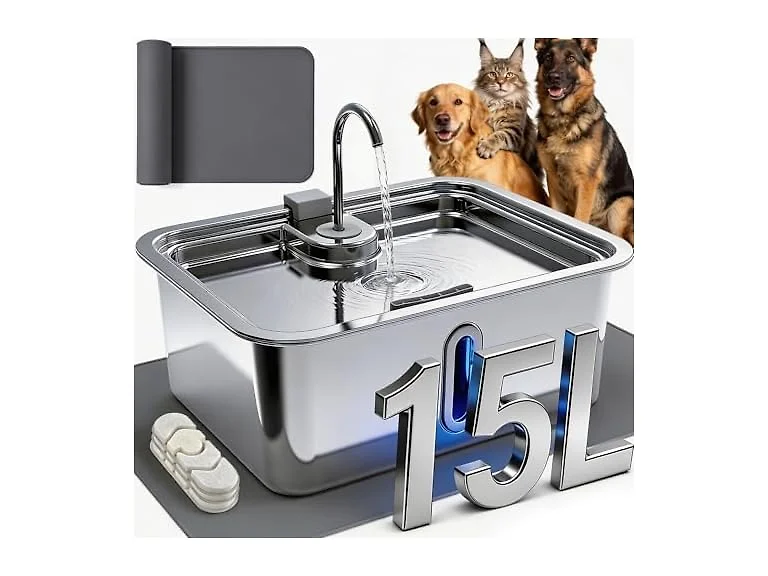 3.96Gal/15L Large Dog Water Fountain with Pet Mat 