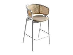 LeisureMod Ervilla Wicker Bar Stool with Fabric Seat and White Steel Frame - Taupe