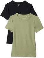 Amazon Essentials Women's Slim-Fit Short-Sleeve Crewneck T-Shirt, Pack of 2, Black/Olive, Large