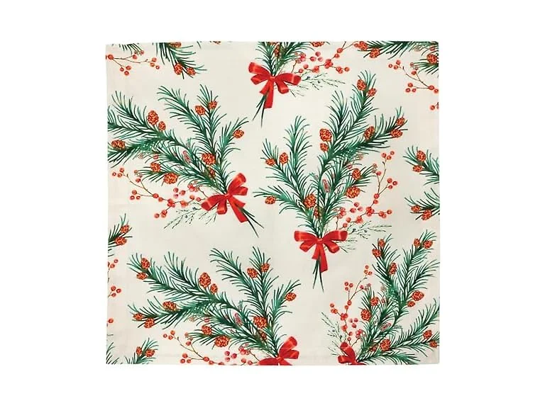 47th & Main Set of 4 100% Cotton Cloth Table Napkins for Dining, 18" Square, Festive Pine with Red Berries