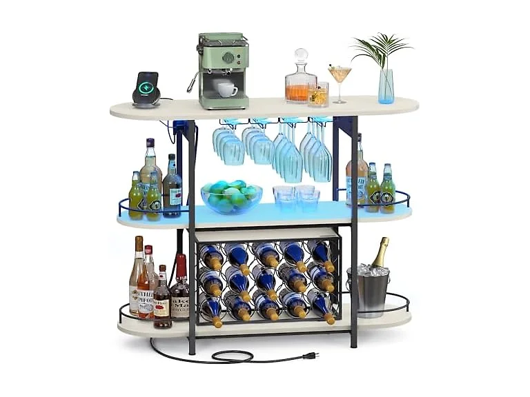 VASAGLE Bar Cabinets for Home, LED Coffee Bar, Rustic White