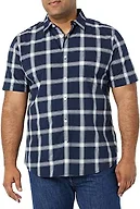Amazon Essentials Men's Slim-Fit Short-Sleeve Poplin Shirt, Navy White Buffalo Plaid, X-Small