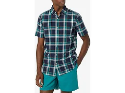 Amazon Essentials Men's Slim-Fit Short-Sleeve Poplin Shirt, Navy Green Plaid, Large