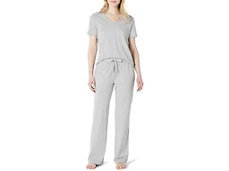 Amazon Essentials Women's Short Sleeve Soft Cotton Blend T-Shirt and Pant Sleepwear Set, Medium Grey Heather, Large