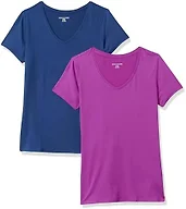 Amazon Essentials Women's Active Quick Dry Tech Stretch Short-Sleeve V-Neck T-Shirt (Available in Plus Size), Pack of 2, Navy/Orchid Purple, X-Small