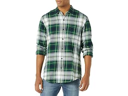 Amazon Essentials Men's Regular Fit Long-Sleeve Flannel Shirt, Soft Brushed Cotton, Lightweight yet Warm, Green White Plaid, Small