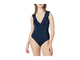 Amazon Essentials Women's Ruffle V-Neck One-Piece Swimsuit, Navy, Large