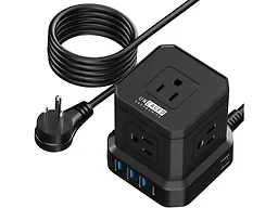 Cube Surge Protector Power Strip with USB Ports, USB-C, 10ft Extension Cord Black