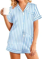 Girece Satin Pajama Set Short Sleeve with Shorts,Light Blue Striped, S