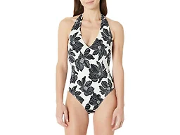 Amazon Essentials Women's Halter One Piece Swimsuit, Cream Black Floral, XX-Large