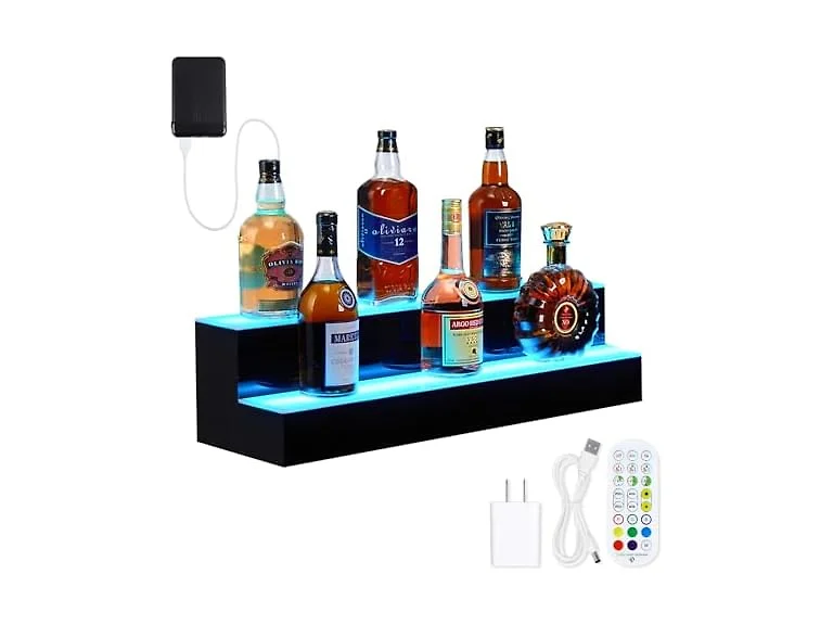 16'' LED Lighted Liquor Bottle Shelf, 2 Tier Bar Display
