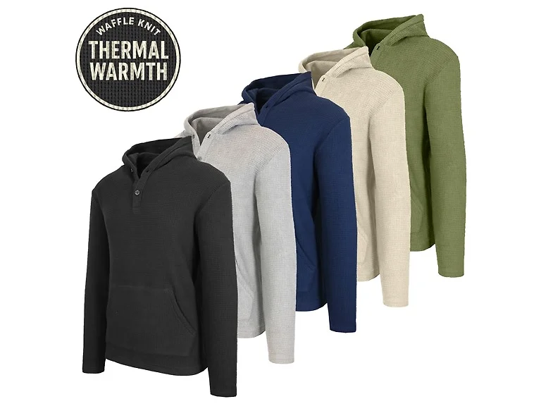 5Pk Mens Waffle-Knit Henley Pullover Hoodie