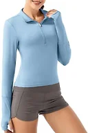 GGOV Crop Tops Women's Long Sleeve Workout Shirt with Half Zip Closure, Slim Fit, and Buttery-Soft Fabric Lake Blue