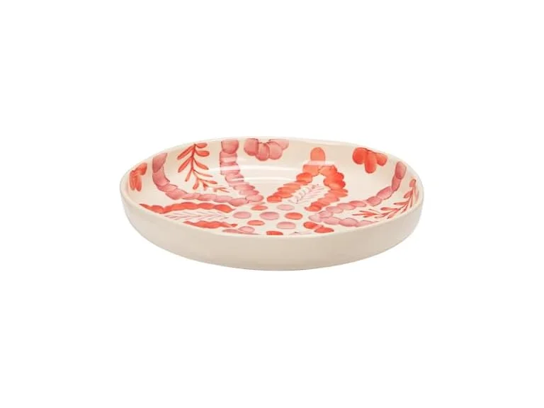 Creative Co-Op Hand-Painted Stoneware Low Bowl with Botanical Design, Multicolor