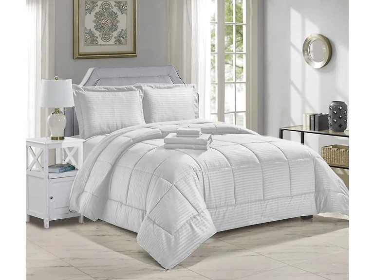 Noble House 8 Piece Embossed Stripe Bed in a Bag- KN- White