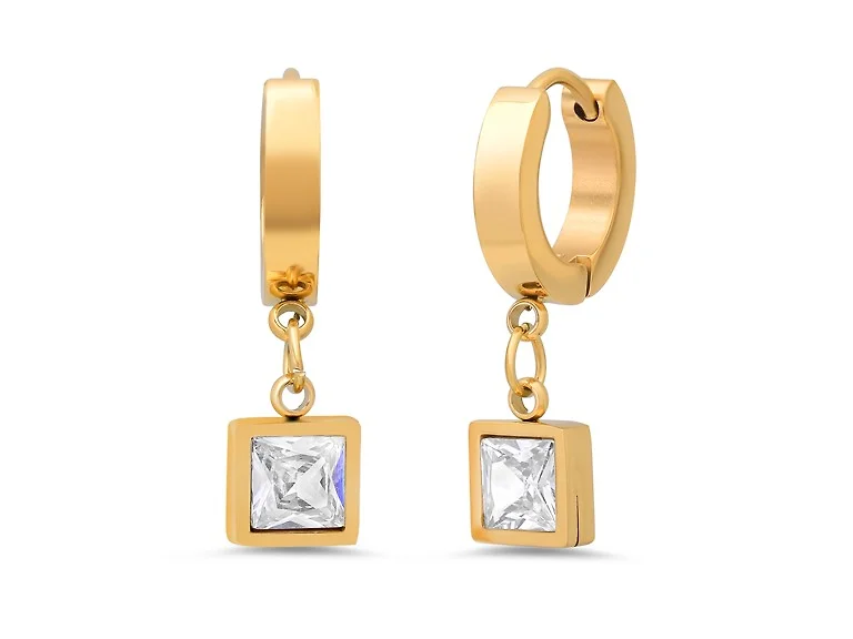 18K Gold Clear Square Stone Huggies